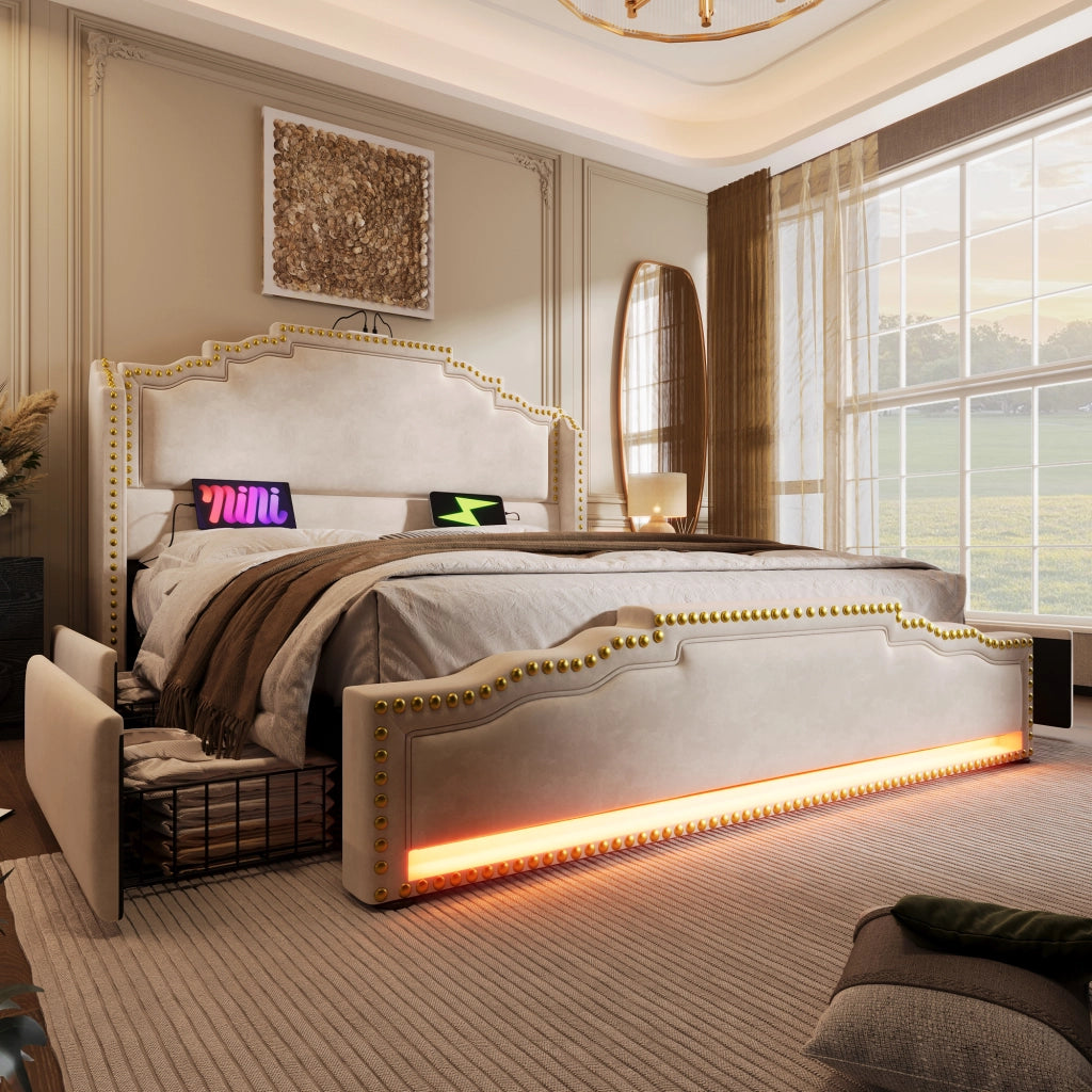 LETTO Contenitore 140x200 cm Beige in velluto con LED, USB e 4 cassetti