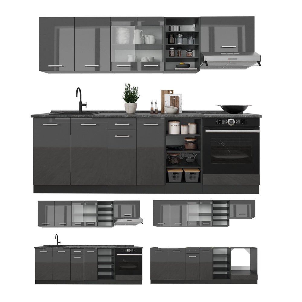 Cucina componibile R-Line Antracite lucido/Antracite 240 cm, PL Marmo Vicco
