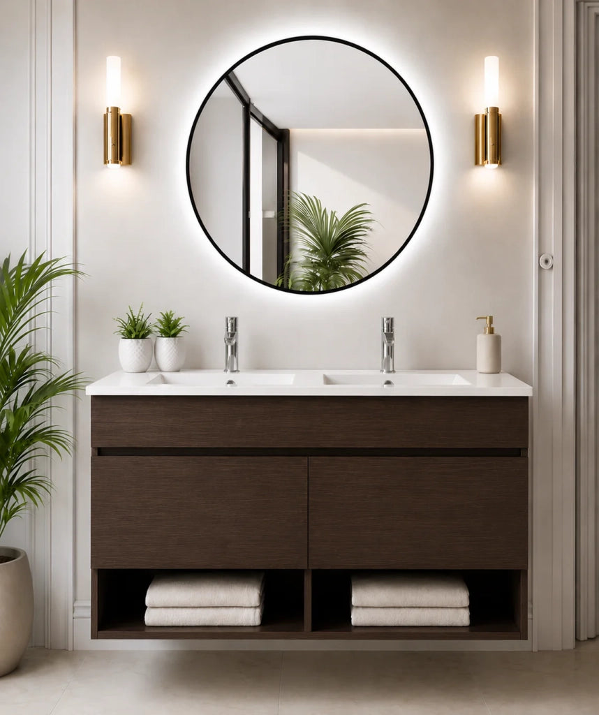 Mobile bagno sospeso con lavabo extrapiano ORIGENBATH NEBARI senza specchio 120x45 cm doppio lavabo frassino tea