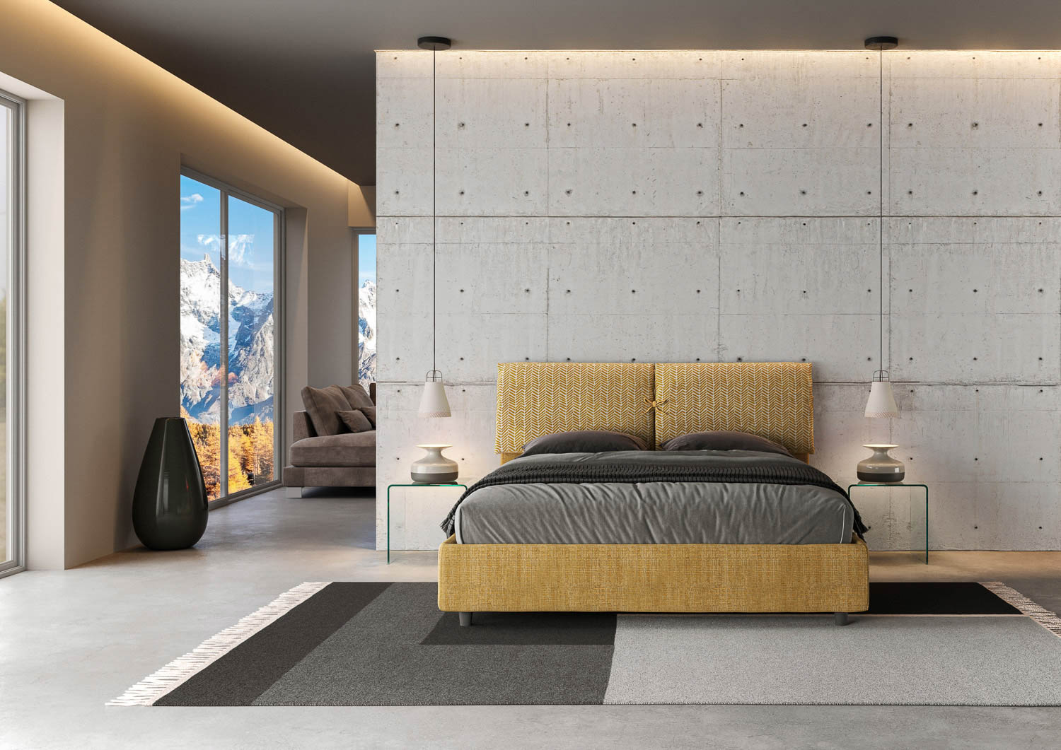 Letto Matrimoniale 160x210 cm con Rete e Contenitore con Testata e Alzata Comoda Imbottito in Tessuto Aragona Mados