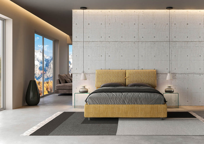 Letto Matrimoniale 160x210 cm con Rete e Contenitore con Testata e Alzata Comoda Imbottito in Tessuto Aragona Mados