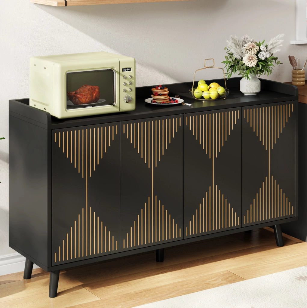 Credenza con 4 ante; ripiani regolabili e vano aperto; MDF; nera; 140 x 40 x 84 cm