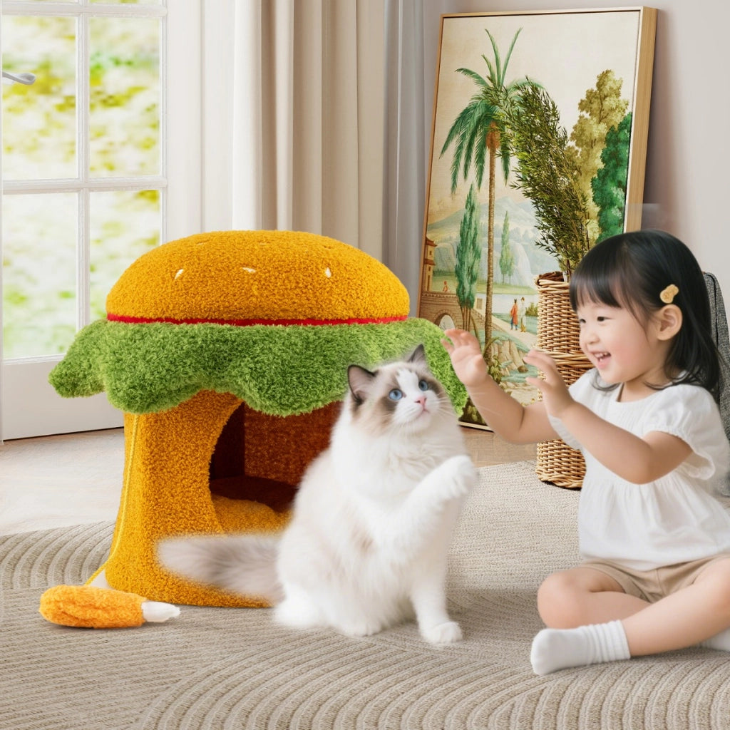 Condominio per gatti a forma di hamburger con cuccia imbottita, Letto per gatti carino giocattolo morbido sospeso Arancione-Lettini e divanetti