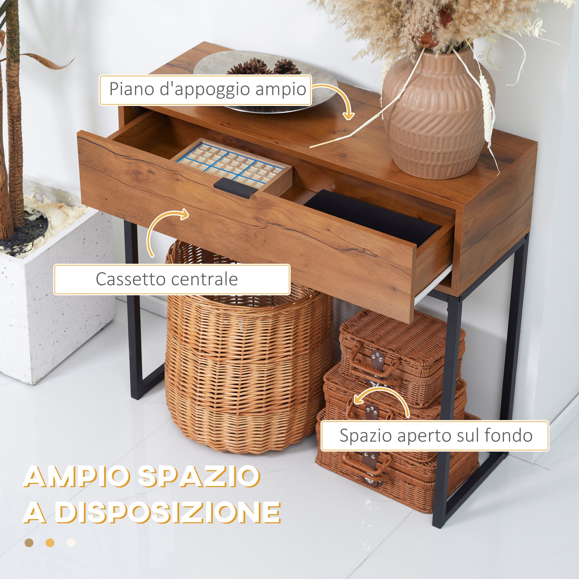 Consolle da Ingresso 80x30x76 cm con Cassetto con Gambe in Metallo Color Legno e Nero