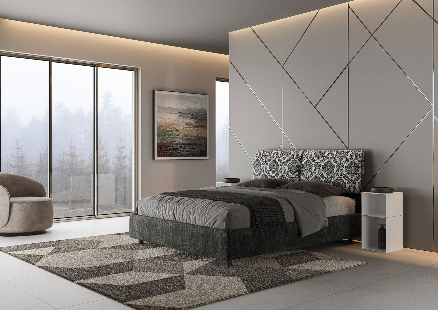 Letto Matrimoniale 160x210 cm con Rete e Contenitore con Testata e Alzata Comoda Imbottito in Tessuto Agata Mados Blu