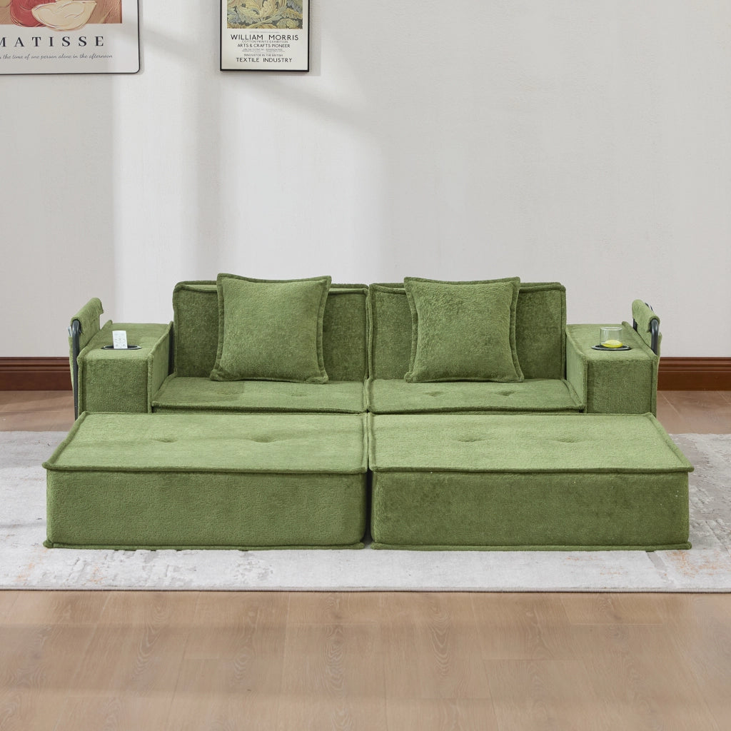 Pouf modulare con cuscini e tasche laterali per lettura e relax in ciniglia verde per salotto 162 × 78 × 66 cm