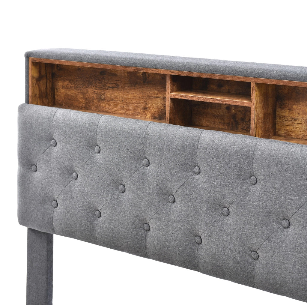 Letto matrimoniale imbottito con testiera contenitore e illuminazione LED, grigio