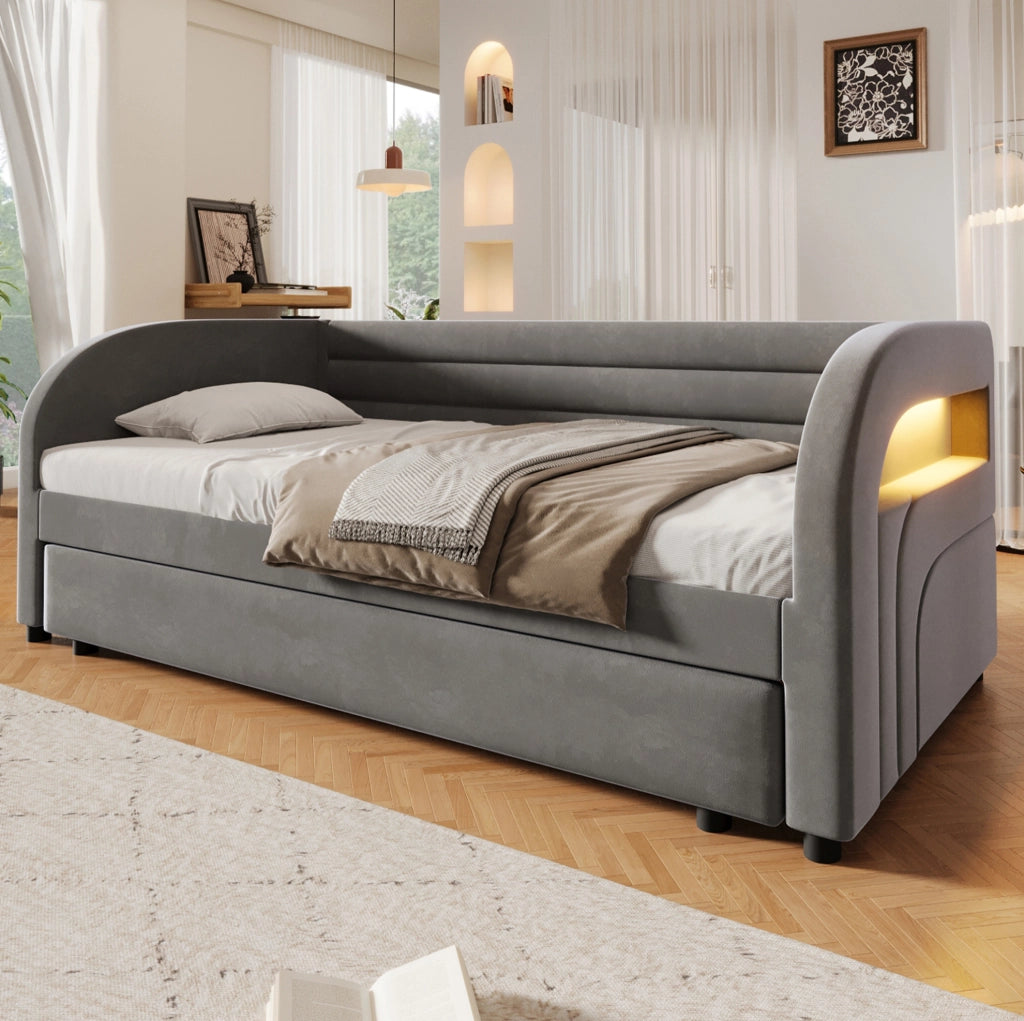 Letto imbottito 90x200 cm con letto estraibile e LED