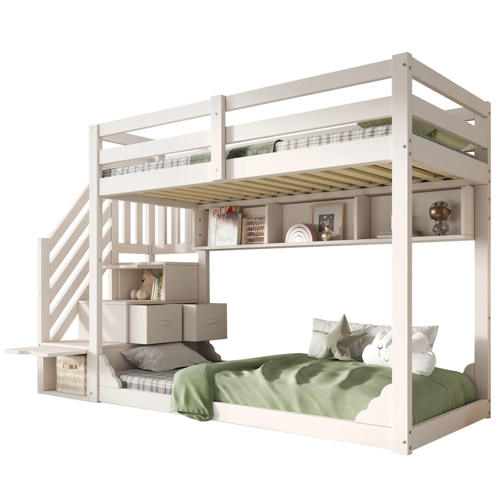 Letto a castello per bambini 90x200 cm bianco con scala contenitore e ripiani integrati
