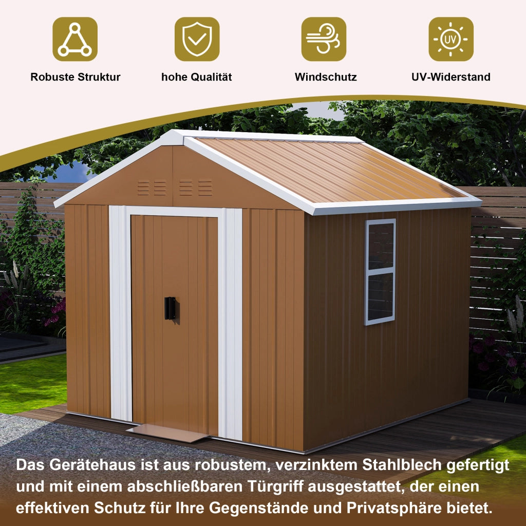 Casetta da giardino in metallo con doppia porta scorrevole, aerazione e tetto a due falde marrone 180 × 96 × 194 cm