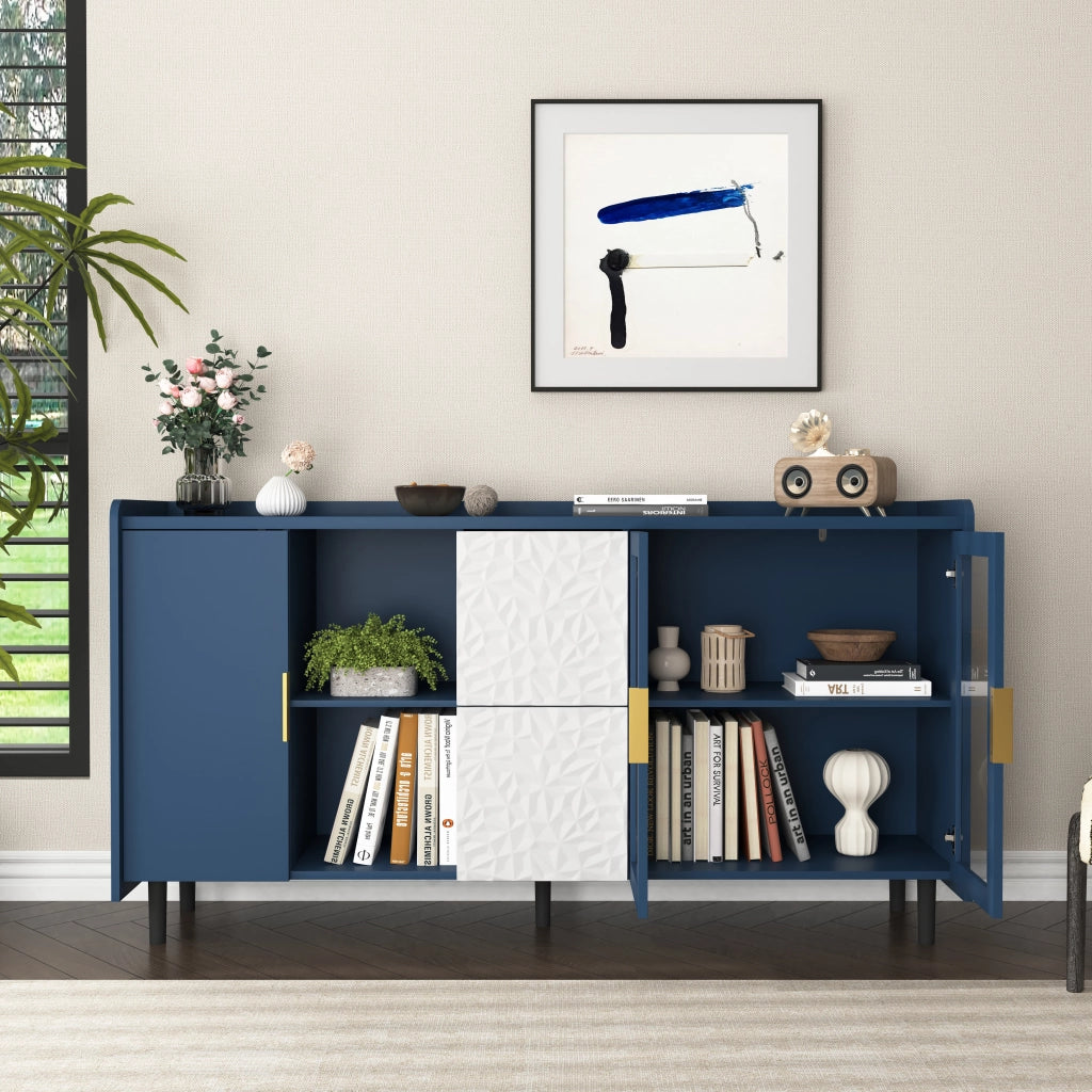 Credenza da cucina con 2 Cassetti; 2 Vani aperti e 2 Ante in vetro per Cucina in MDF Blu