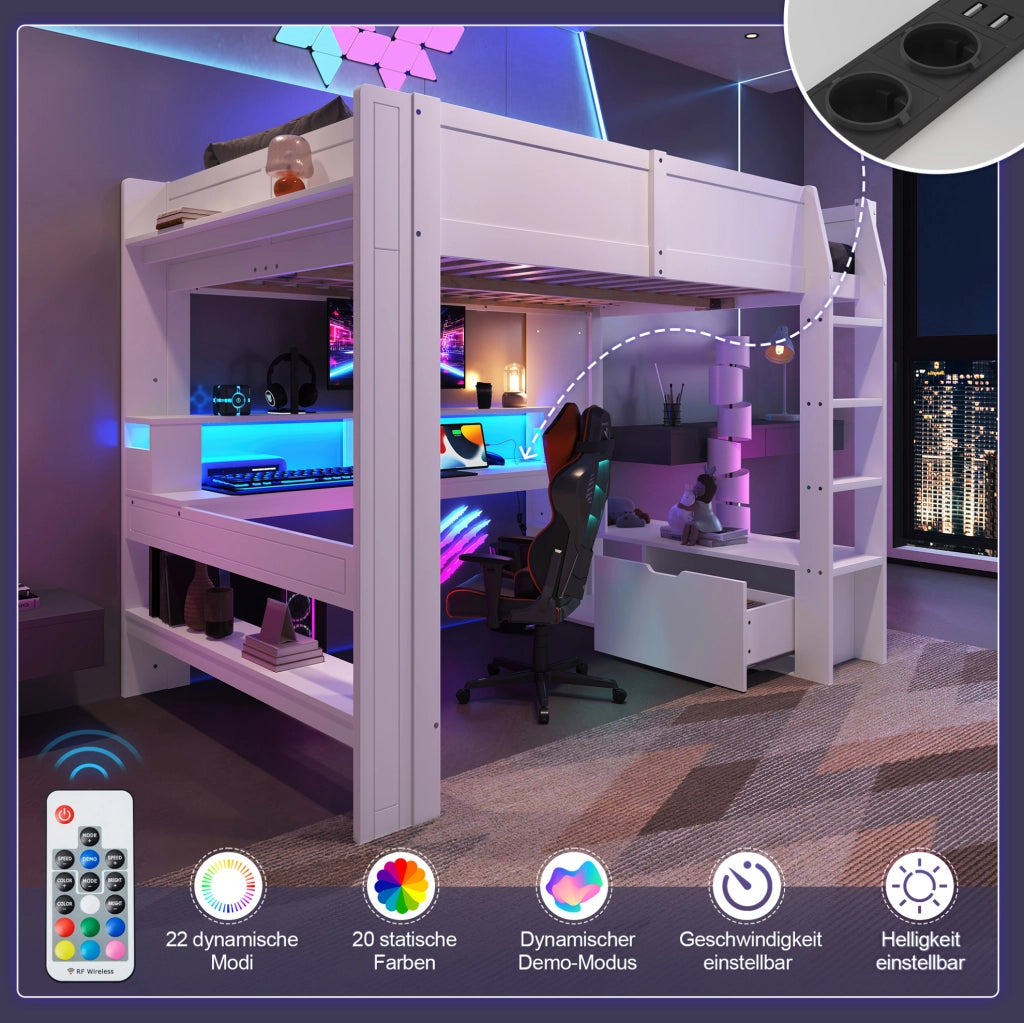 Letto a soppalco 140x200 cm con scrivania; LED e cassetto in pino; bianco