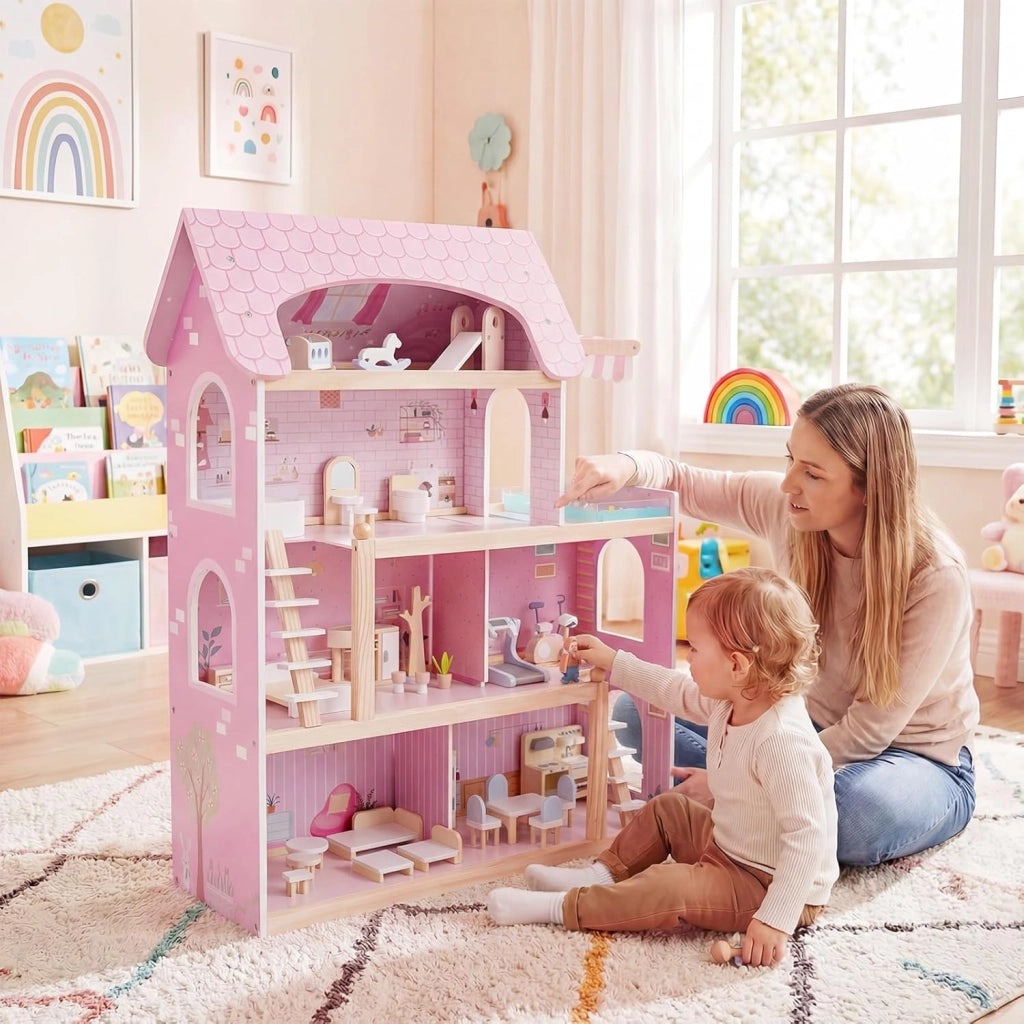 Casa delle Bambole in Legno, Casa Bambole con 4 Piani, 6 Stanze, Terrazza, Piscina e Scale, Casetta Giocattolo Educativo con 33 Mobili Accessori, per Bambini 3+ Anni, 63 x 25 x 78 cm (Rose)