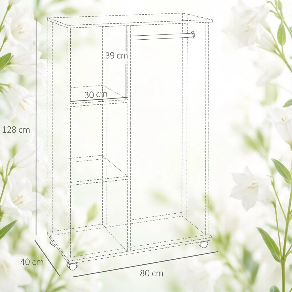 Armadio aperto mobile 80x40x128 cm con 4 ruote; ripiani e asta in alluminio; truciolare noce