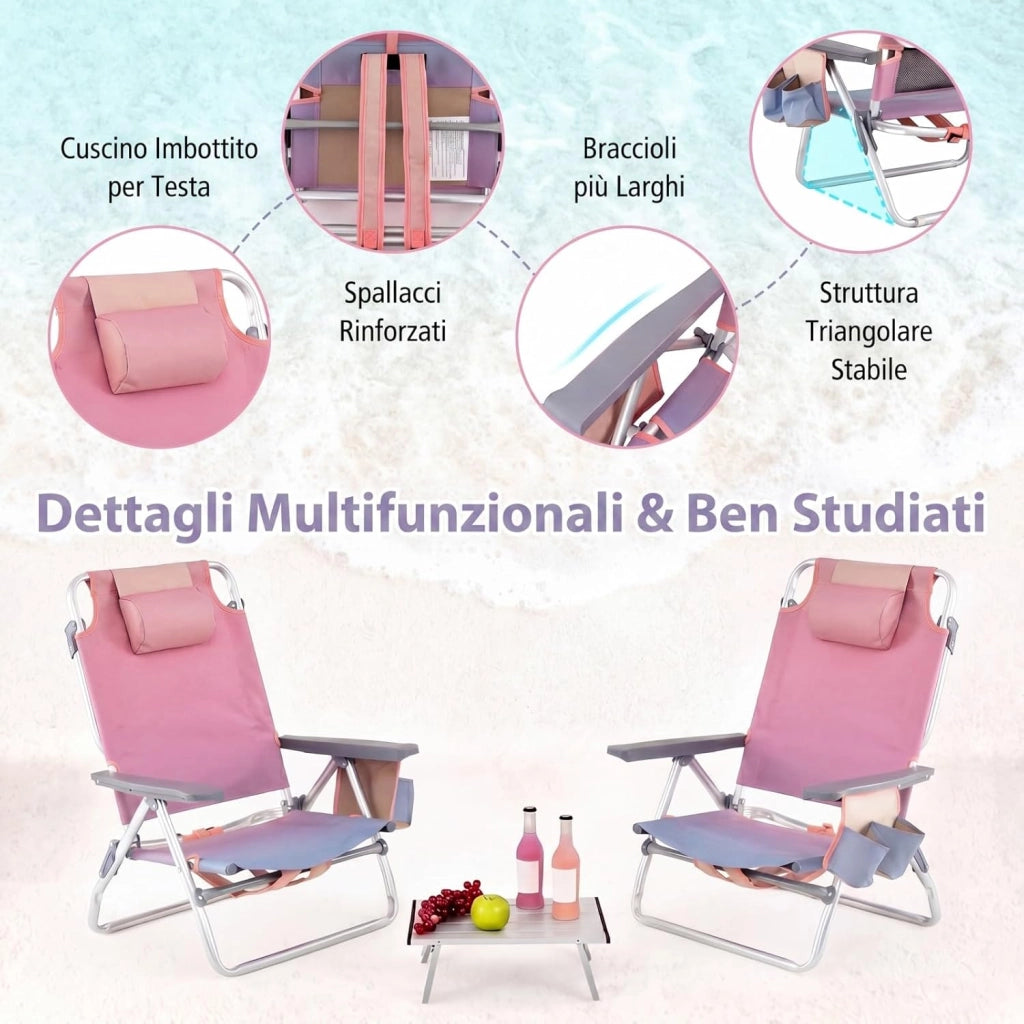 Set di 2 Sedie e Tavolino da Spiaggia Pieghevole, Schienale Regolabile a 5 Livelli, con Portatesta, Borsa Portaoggetti, Borsa Termica, per Campeggio Picnic Esterno (Rosa Chiaro, Modello 2)