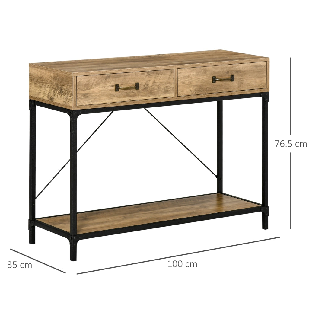 EasyComfort Tavolo Consolle Stile Vintage in Metallo e Legno con 2 Cassetti e Mensola, 100x35x76.5cm, Marrone