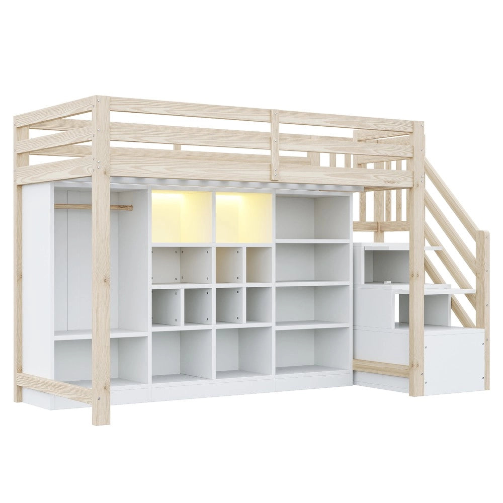 Letto a Soppalco con Armadio, Cassetti, LED e Scala ¨C Xylo ¨C 90x200, Legno