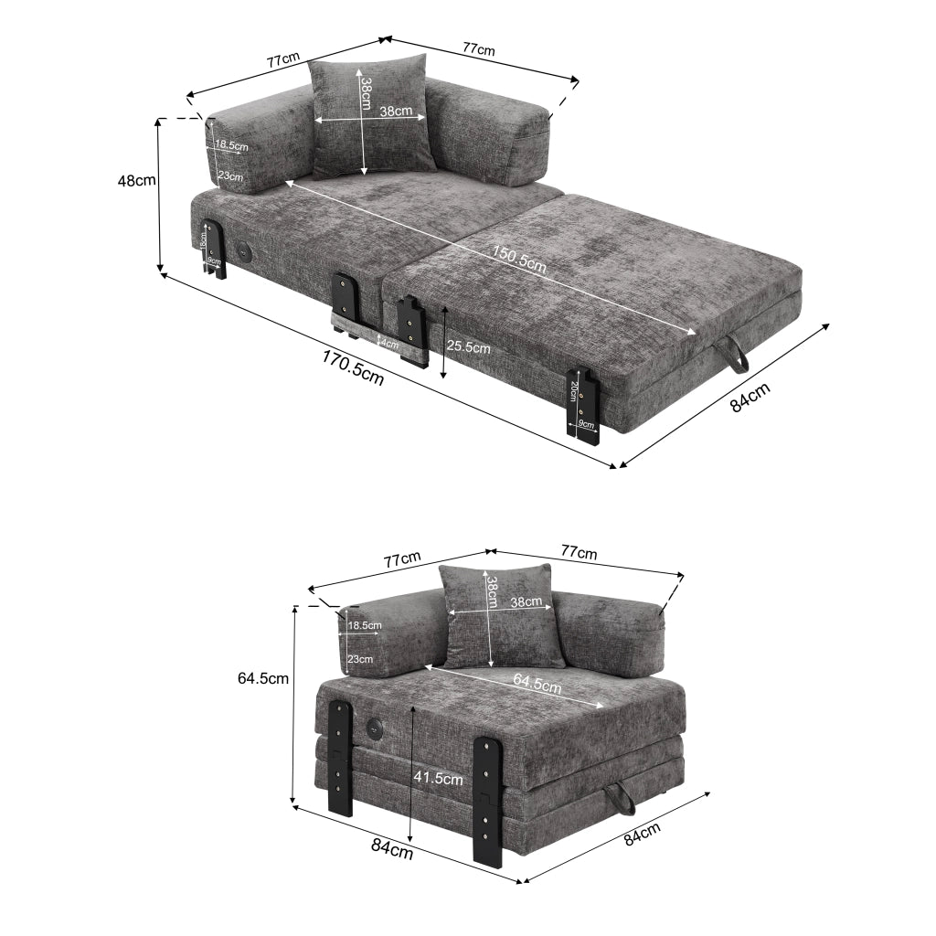 Divano letto convertibile 2 posti con funzione letto, porte USB e Type-C, tasche laterali, tessuto, Grigio scuro