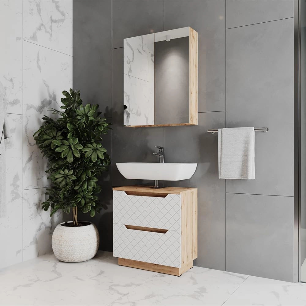Set di mobili da bagno Lotta, Rovere/bianco con struttura in piastrelle, 2 parti