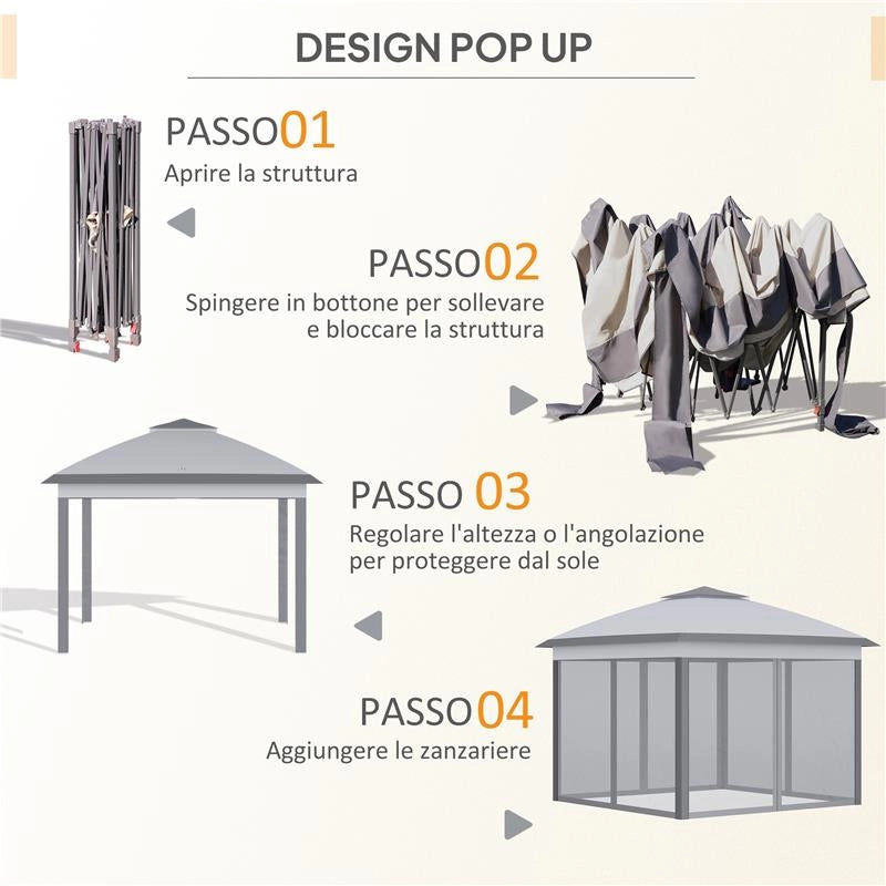 GAZEBO DA ESTERNO PIEGHEVOLE AD ALTEZZA REGOLABILE CON ZANZARIERE, 3.3X3.3X2.8 M, GRIGIO