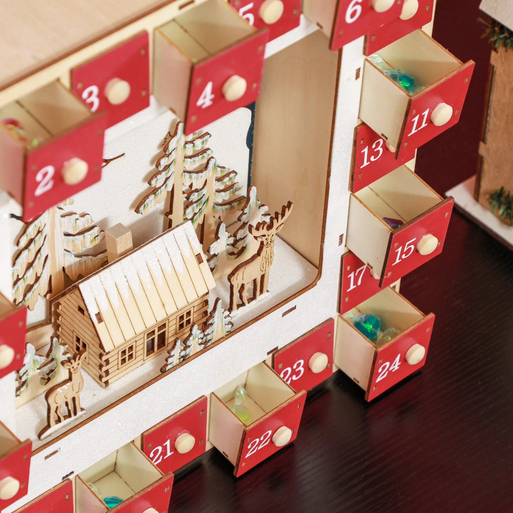Calendario dell'Avvento LED con 24 cassetti ¨C zephmum ¨C legno rosso 60x40x19