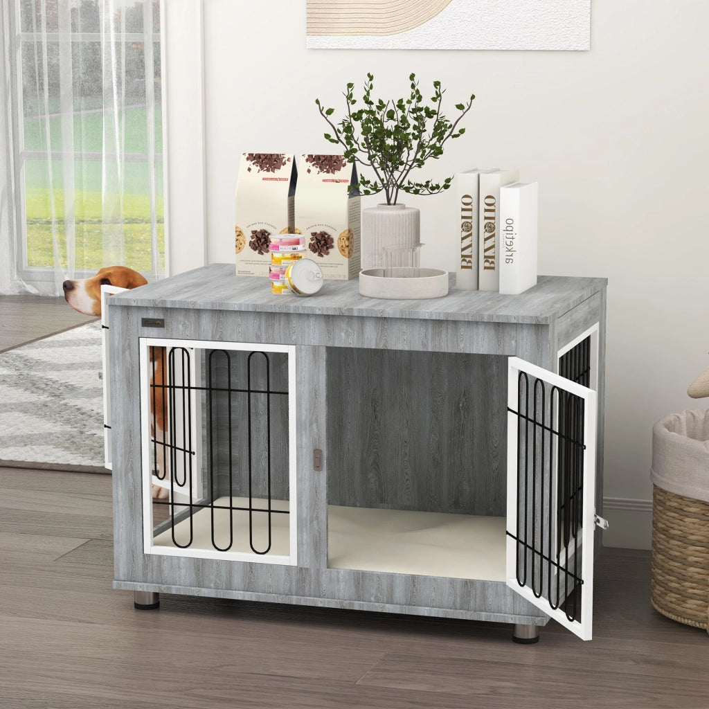 Scaffale per cani con due porte e due chiusure, interno imbottito, struttura in acciaio, grigio 90 × 58 × 65 cm