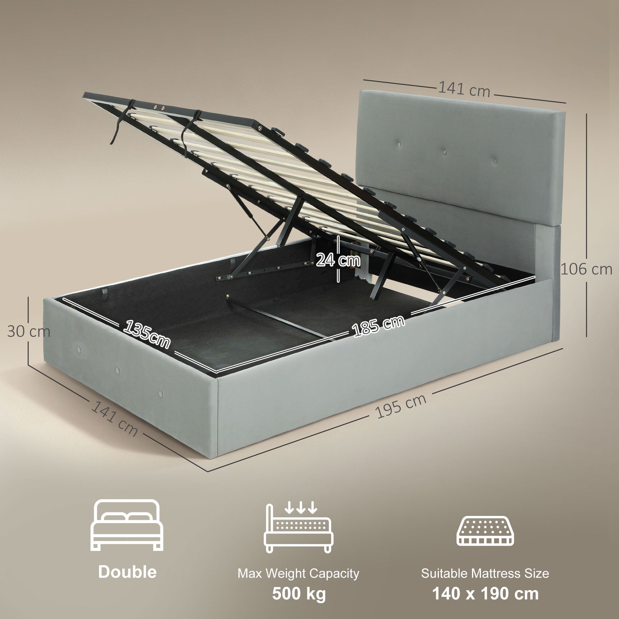 Letto a 1 Piazza e Mezza Contenitore 195x141x106 cm con Spazio a Scomparsa e Testiera Vellutata a Trapunta in Legno e