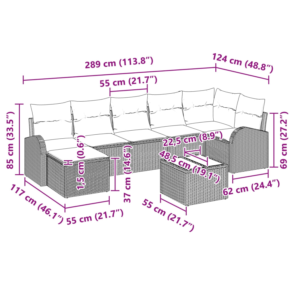 Set Divano da Giardino 8 Pezzi con Cuscini Grigio Polyrattan