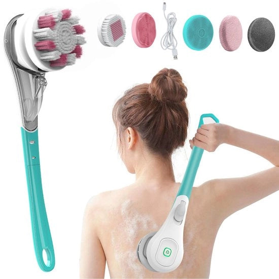 Douchetta elettrica con setole lunghe, setola per il corpo, setola per la schiena con setole lunghe, setola per la schiena, douchetta elettrica con 6 teste di pulizia, douchetta elettrica per la spa, setola esfoliante e massaggiante (blu)