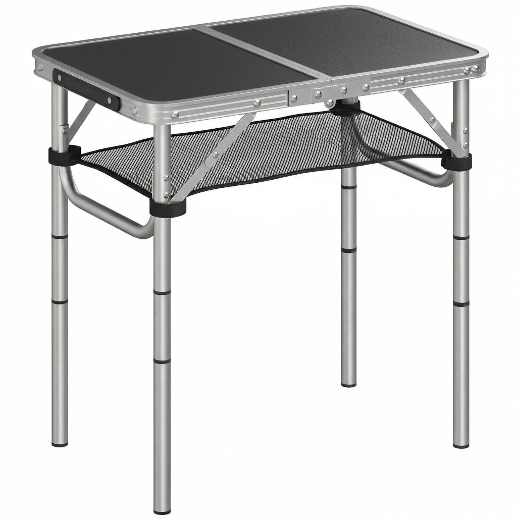 Tavolo Campeggio Pieghevole 60x40x 60 cm Picnic con Ripiano a Rete in Alluminio e MDF Nero