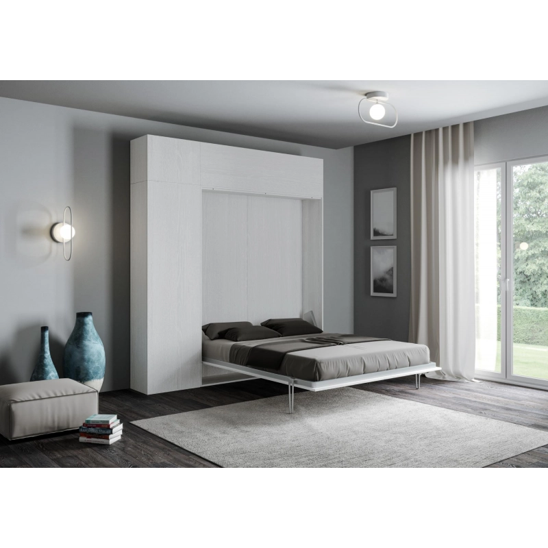 Letto a scomparsa 160 verticale Kentaro con colonna e pensili - Bianco Frassino