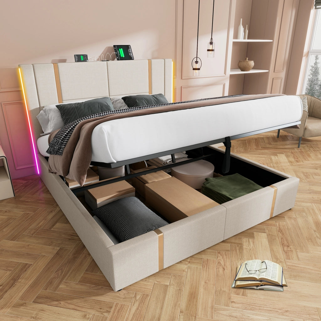 LETTO Contenitore 140x200 cm in tessuto beige con LED, USB Type-C e materasso incluso