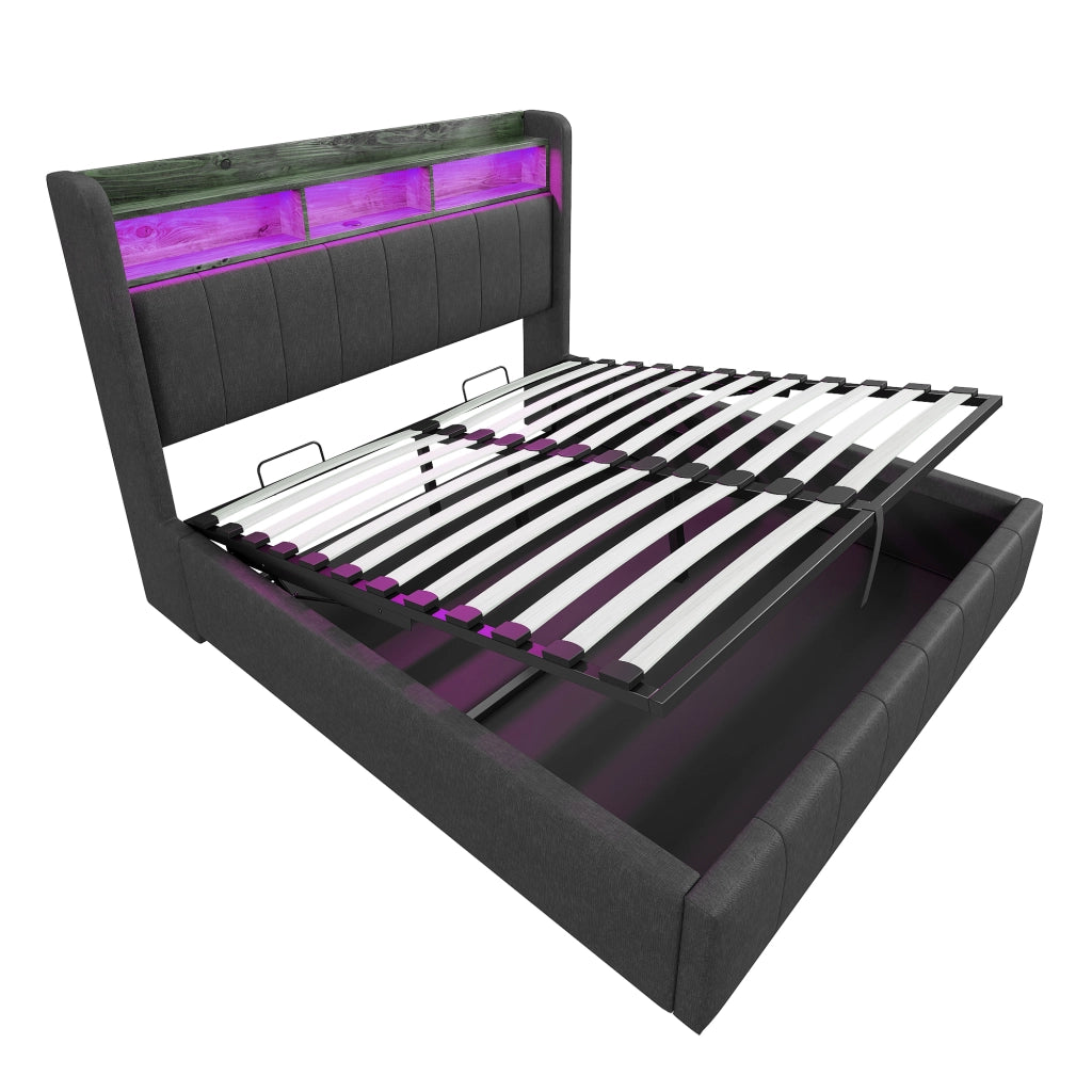 Letti contenitori 160x200 cm con LED regolabili; contenitore idraulico; tessuto di lino grigio