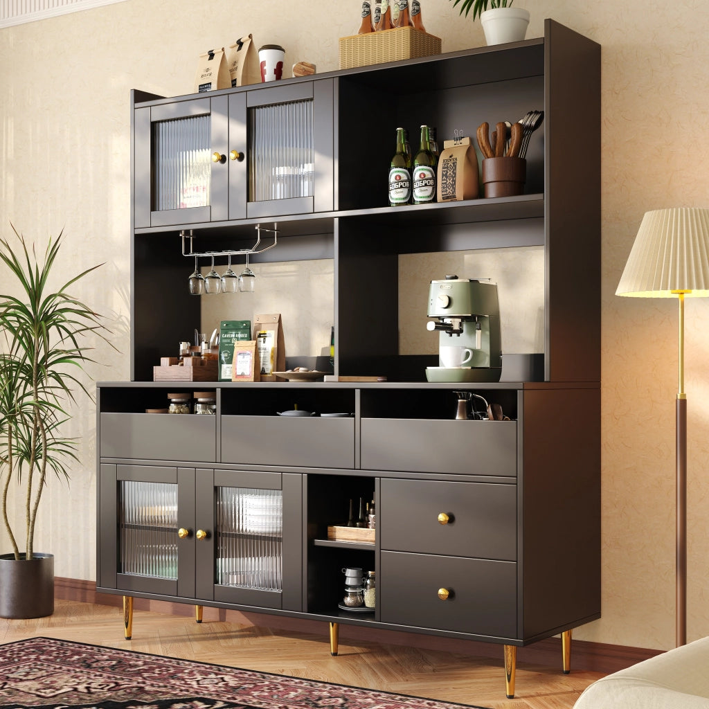 Credenza Alta da Cucina con Cassetti; Vani Aperti e Portabottiglie; Ante in Vetro Rigato; in MDF; 145 x 39 x 171 cm; Nero