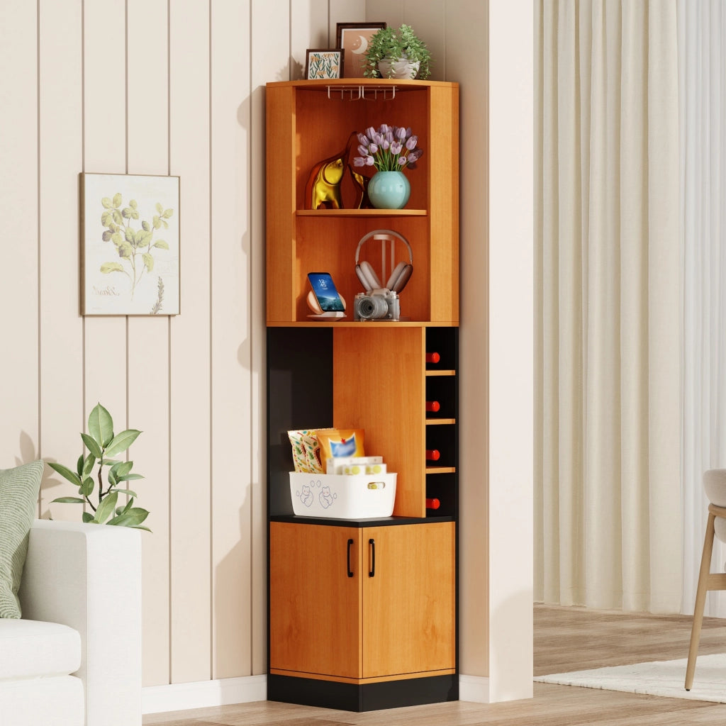 Mobile angolare portabottiglie e portacalici 40x40x182 cm in MDF, con vani aperti e credenza chiusa
