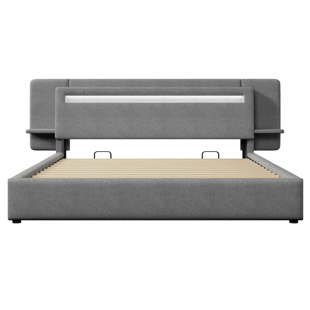 Letto imbottito 180x200 cm con contenitore ad alzata idraulica; LED multicolore e USB; grigio