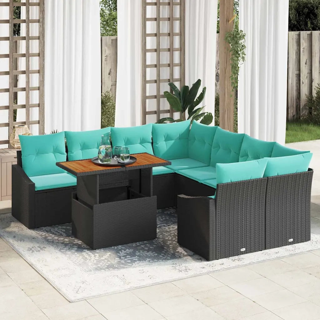 Set da Pranzo per Giardino con cuscino 9 pcs Nero e Verde acqua