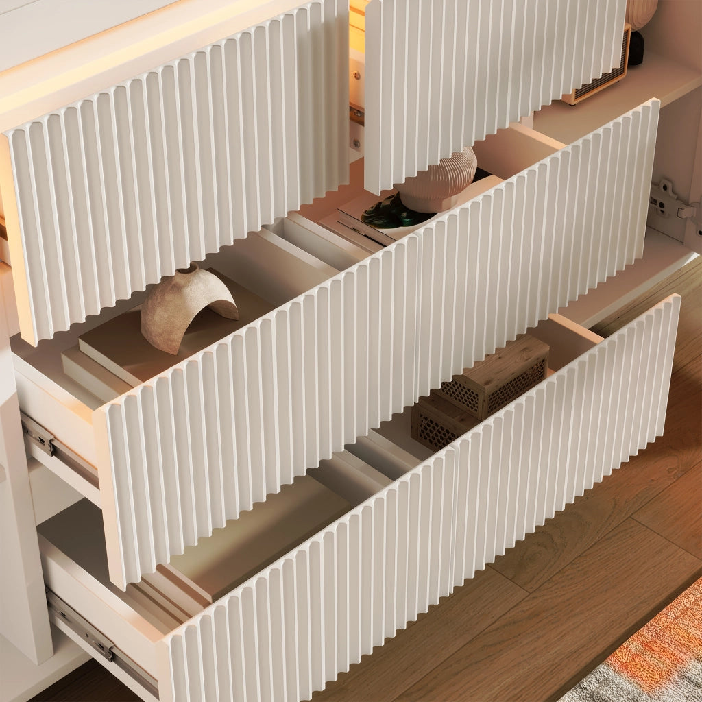 Credenza LED moderna bianca 150x40x78 cm con 6 cassetti e 2 ante, design sospeso