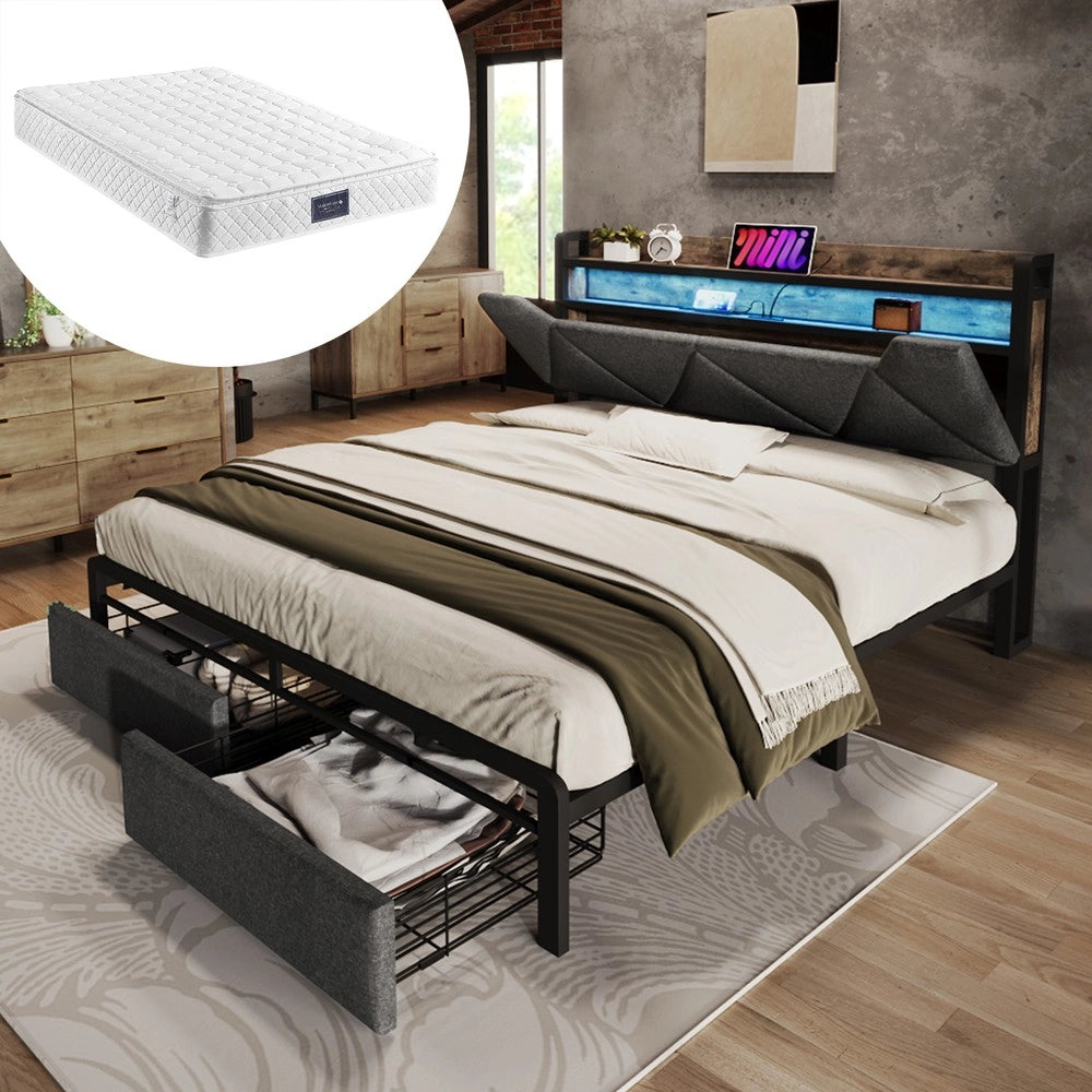 Letto Imbottito Contenitore con LED e Cassetti ¨C MINIMAL ¨C Grigio 140x200 con Materasso