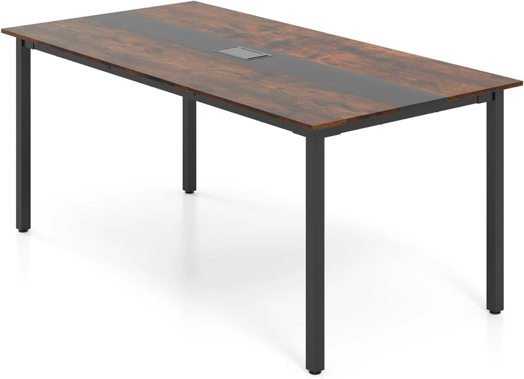 Tavolo da conferenza, 180 x 90 cm, con foro cavo, gambe in metallo, extra lungo, per sala riunioni, sala riunioni, marrone rustico, per 8-10 persone
