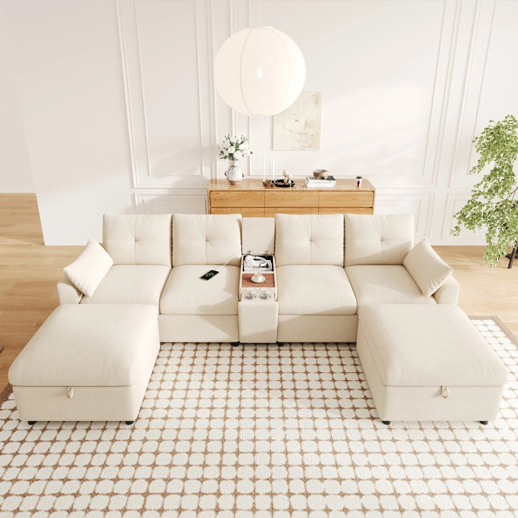Divano angolare modulare con 2 pouf contenitore e console USB Type-C 316x140x84;5 cm ciniglia beige