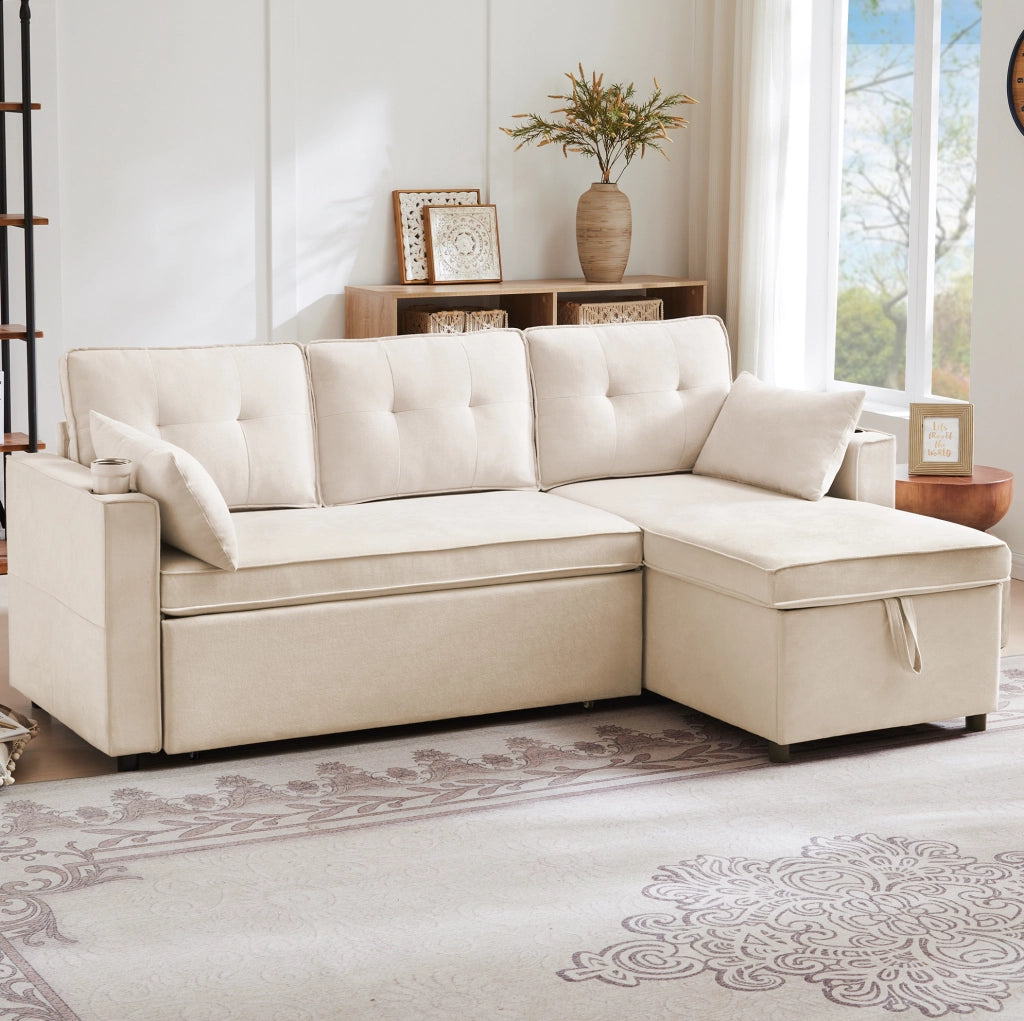 Divano letto reversibile con contenitore e portabicchieri in cotone e lino beige