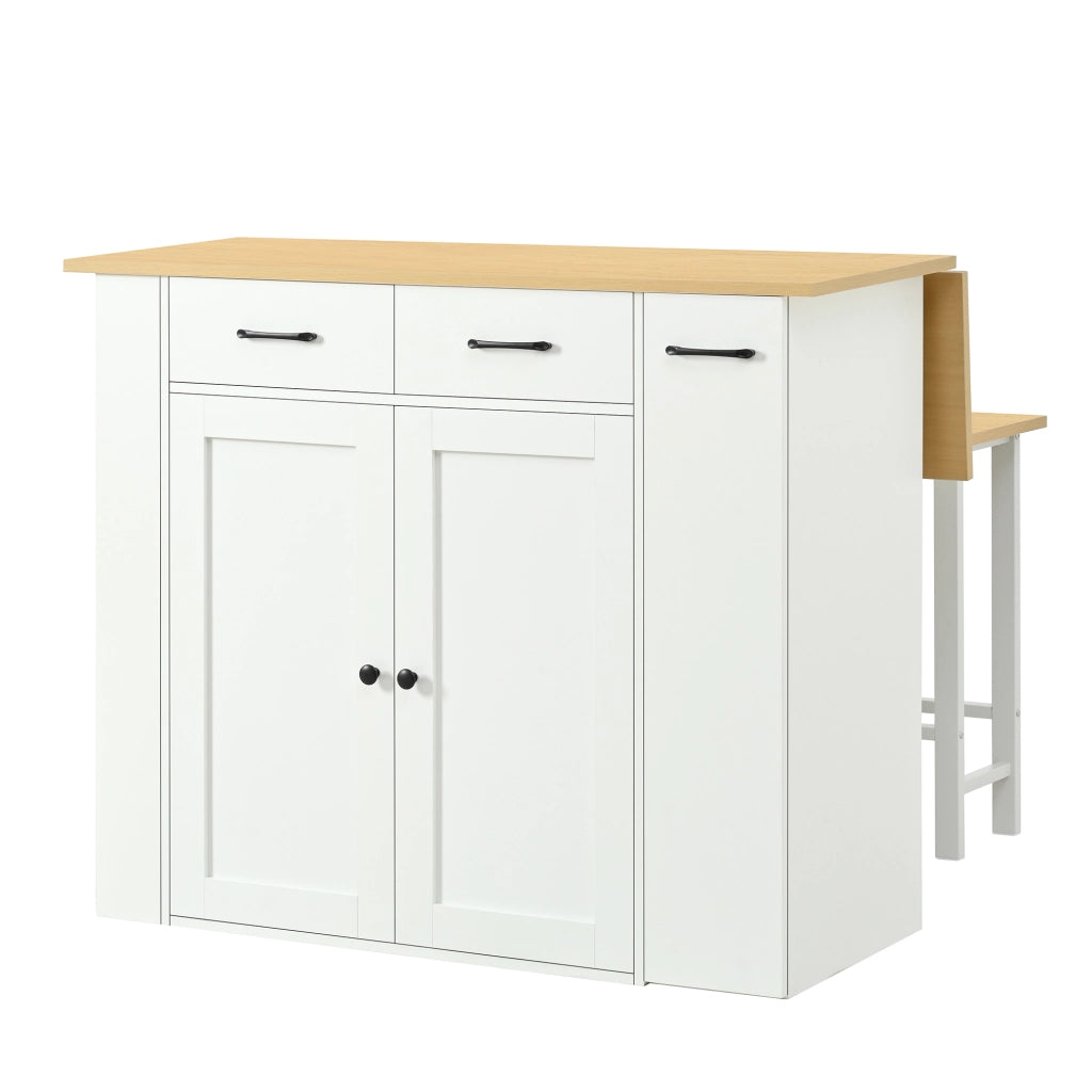Isola Cucina con Tavolo Estensibile 120×45-75 cm; 2 Sgabelli; Ripiani Regolabili; Cassetti e Prese AC/USB Bianco