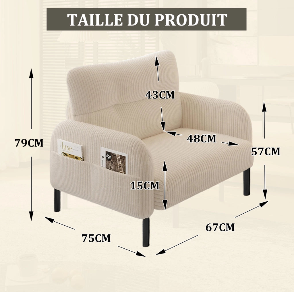 Poltrona singola in corduroy beige con tasca laterale; struttura in metallo; 67x75x79 cm