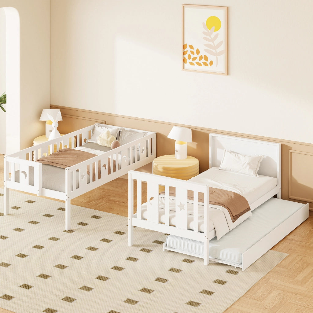 OKWISH Letto a Castello 90×200 cm e 90×190 cm, Letto 3 Posti con Letto estraibile, Scala con Contenitore e Sponde, senza Materasso