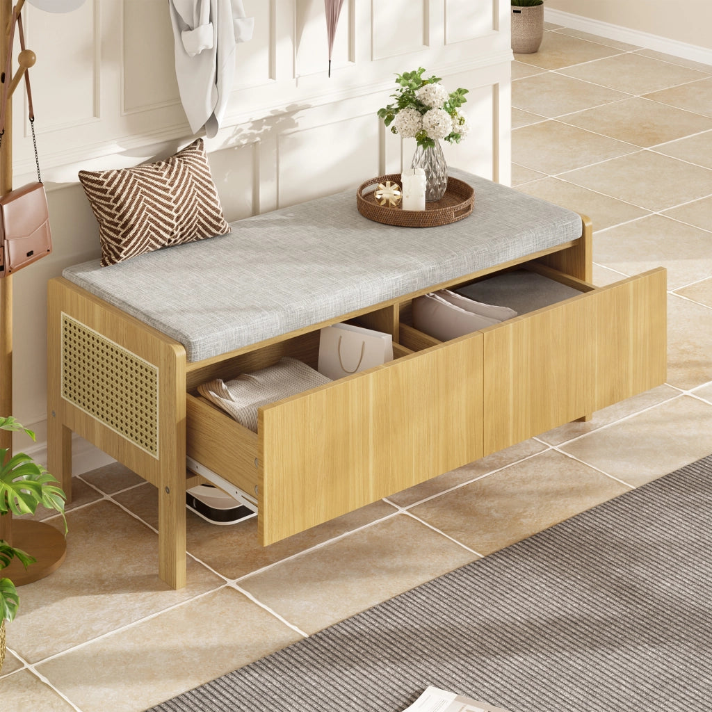 Panca per le scarpe, 2 cassetti, imbottita, in vimini, 113 x 45.5 x 40 cm, color legno naturale