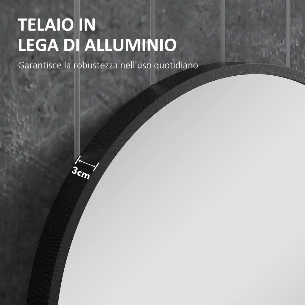 Specchio Bagno Ovale da Parete con Cornice in Alluminio. Verticale o Orizzontale. 40x70cm. Nero