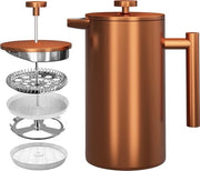 Caffettiera a stantuffo 34 oz - 1000 ml (4 tazze di caffè / 8 bicchieri di caffè) - Caffettiera a stantuffo con filtro a tre strati in acciaio inossidabile e pareti isolate - Finestra in bronzo