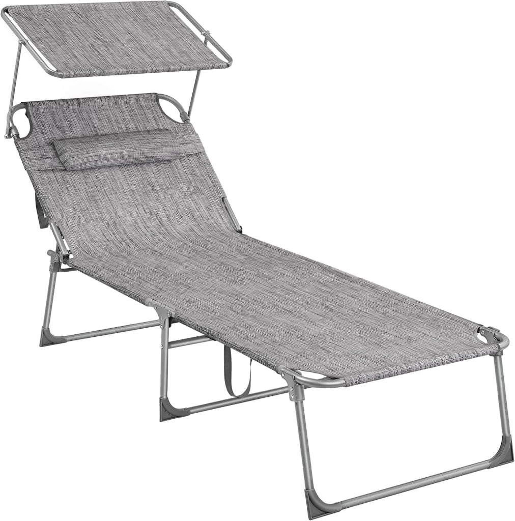 SONGMICS Lettino Prendisole Largo, Sedia a Sdraio Pieghevole, 71 x 200 x 38 cm, Max Portata 150 kg, con Poggiatesta Parasole e Schienale Reclinabile, per Terrazzo Piscina Giardino, Tortora GCB022K01