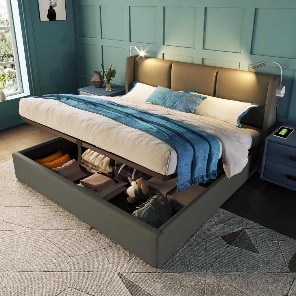 Letto matrimoniale – 140x200 cm – luce USB contenitore con materasso – PU grigio